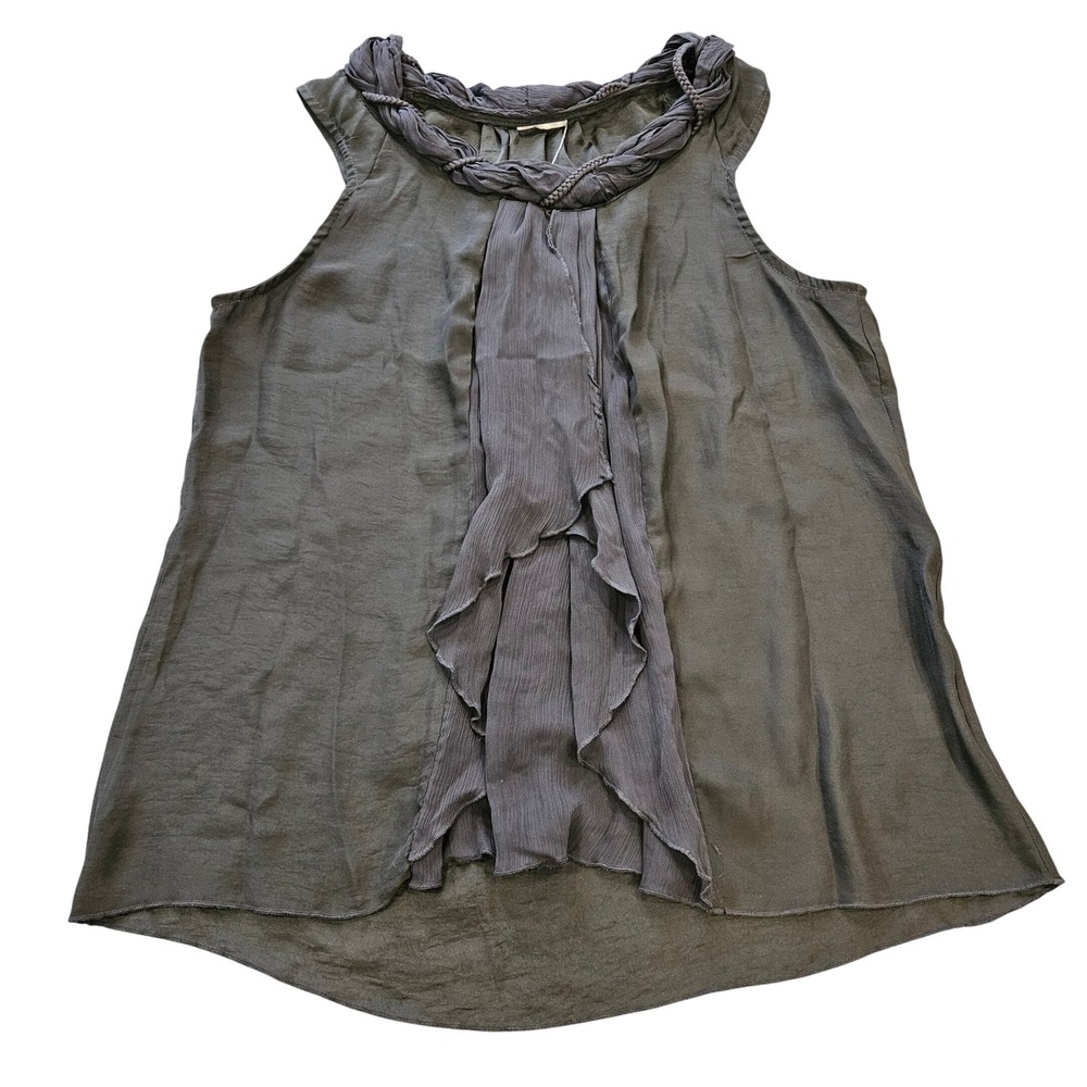Charcoal Gray Sleeveless Blouse with Braided Neckline and Ruffle Front Detail